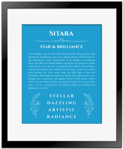 Sitara personalized name print with origin and traits in blue with black matte frame