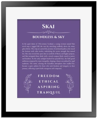 Skai custom name meaning print in purple with black matte frame