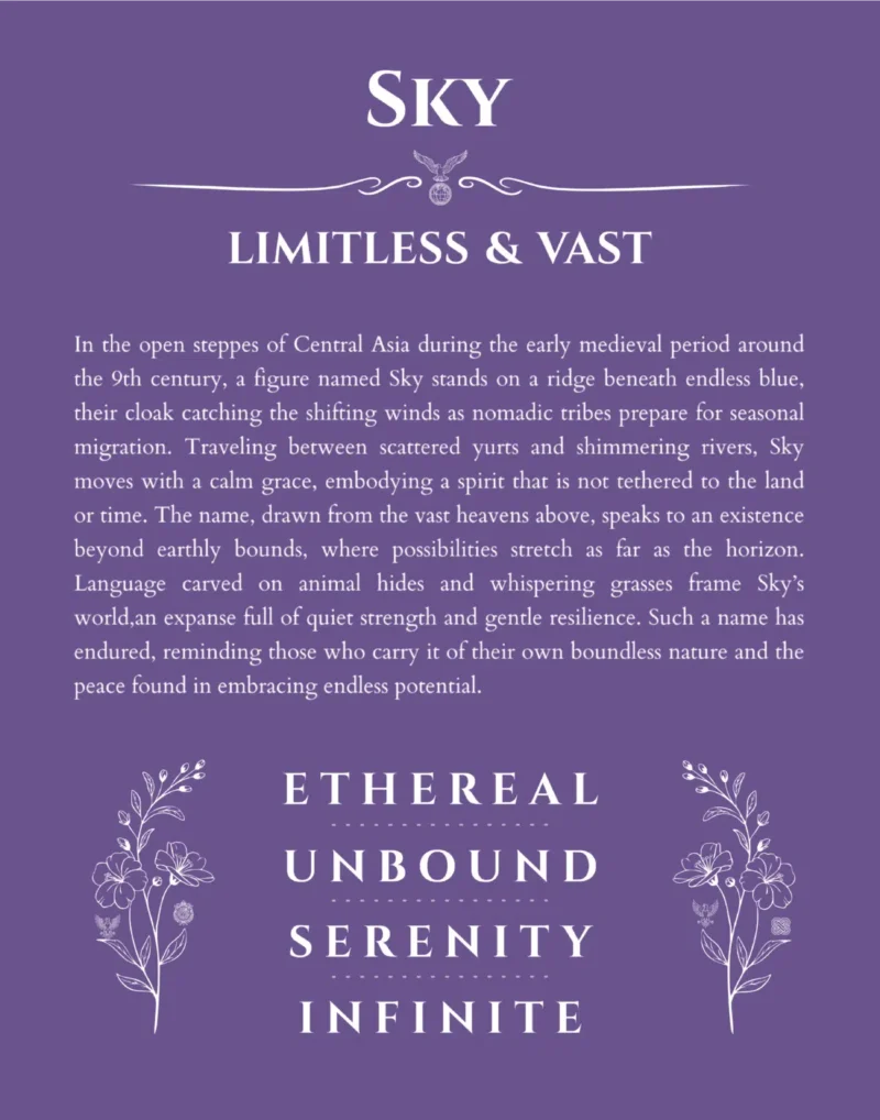 Sky name origin print with meaning and traits in purple