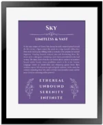 Sky name origin print with meaning and traits in purple with black matte frame