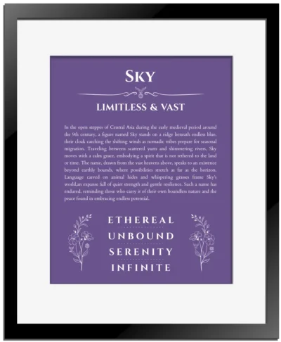 Sky name origin print with meaning and traits in purple with black matte frame