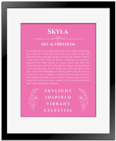 Skyla custom name print for wall display in pink with black matte frame