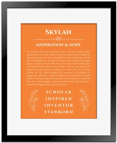 Skylah custom name print for wall display in orange with black matte frame
