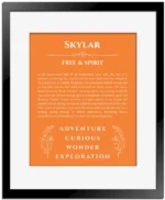 Skylar custom name art showing meaning and origin in orange with black matte frame