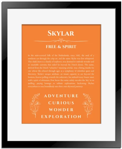 Skylar custom name art showing meaning and origin in orange with black matte frame