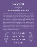 Skyler personalized wall art with the story of your name in purple