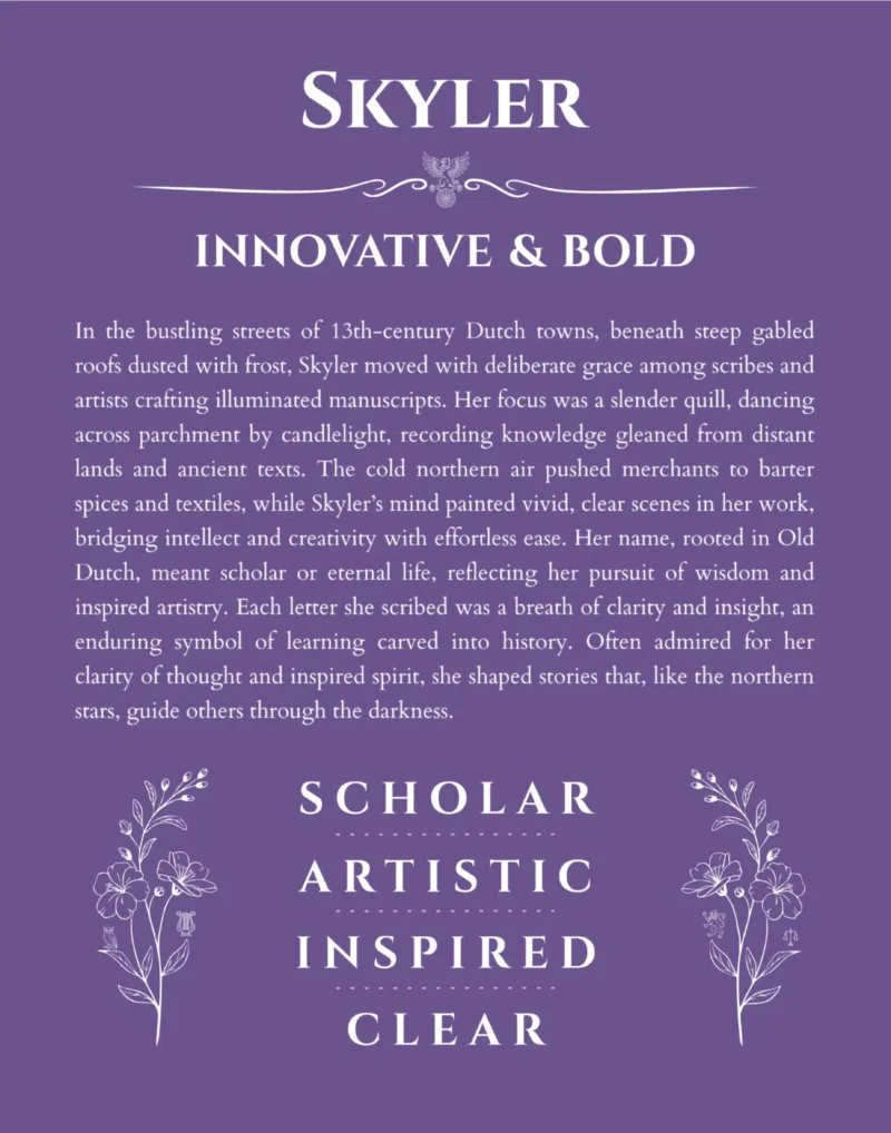 Skyler personalized wall art with the story of your name in purple