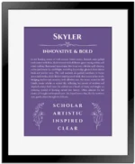 Skyler personalized wall art with the story of your name in purple with black matte frame