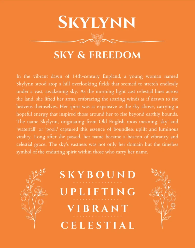 Skylynn custom name art showing meaning and origin in orange