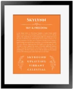 Skylynn custom name art showing meaning and origin in orange with black matte frame