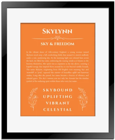 Skylynn custom name art showing meaning and origin in orange with black matte frame
