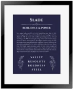 Slade personalized name art with origin story in navy blue with black matte frame