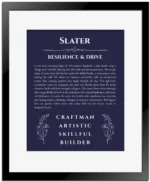 Slater custom name art showing meaning and origin in navy blue with black matte frame
