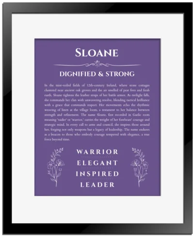 Sloane custom name art showing meaning and origin in purple with black matte frame