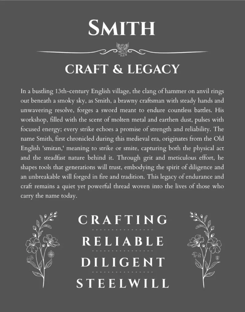 Smith name origin print with meaning and traits in gray