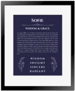 Sofie personalized name print with origin and traits in navy blue with black matte frame