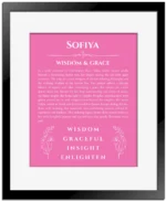Sofiya personalized wall art with the story of your name in pink with black matte frame