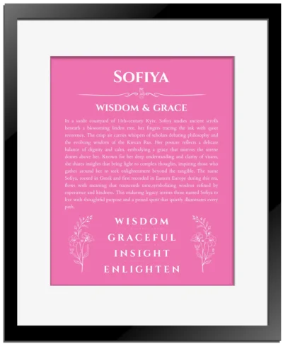 Sofiya personalized wall art with the story of your name in pink with black matte frame