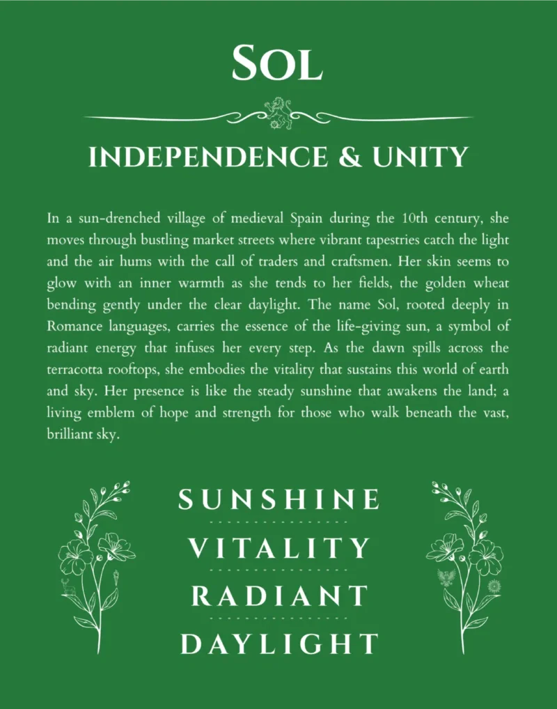 Sol personalized name print with origin and traits in dark green