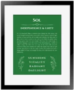Sol personalized name print with origin and traits in dark green with black matte frame