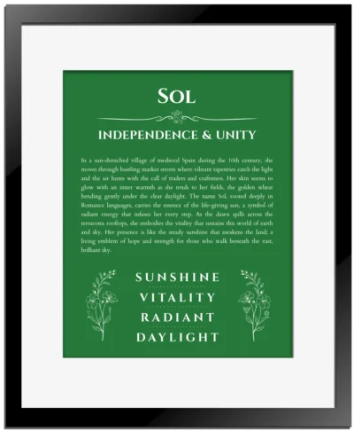 Sol personalized name print with origin and traits in dark green with black matte frame