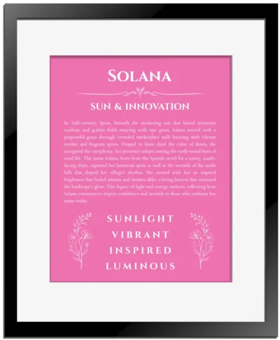 Solana personalized name print with origin and traits in pink with black matte frame