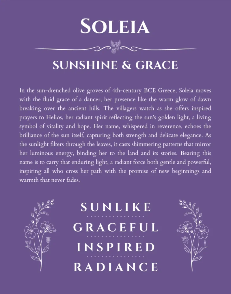 Soleia personalized name art with origin story in purple