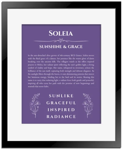 Soleia personalized name art with origin story in purple with black matte frame