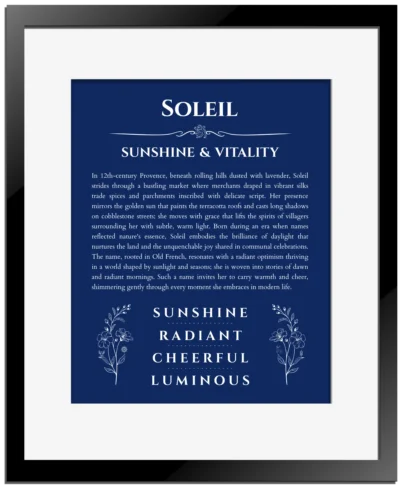 Soleil name meaning gift print in deep blue with black matte frame