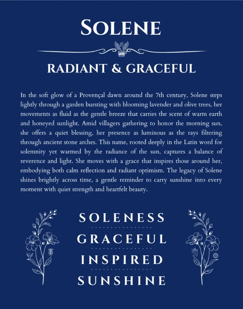 Solene custom name art showing meaning and origin in deep blue