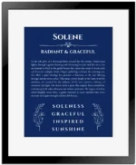Solene custom name art showing meaning and origin in deep blue with black matte frame