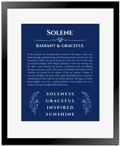 Solene custom name art showing meaning and origin in deep blue with black matte frame
