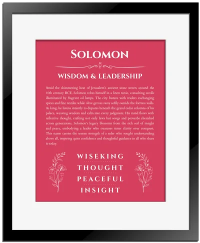 Solomon personalized wall art with the story of your name in red with black matte frame