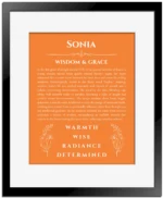 Sonia custom name print for wall display in orange with black matte frame