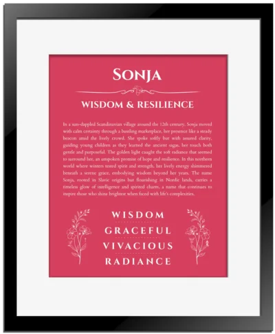 Sonja personalized name meaning print in red with black matte frame