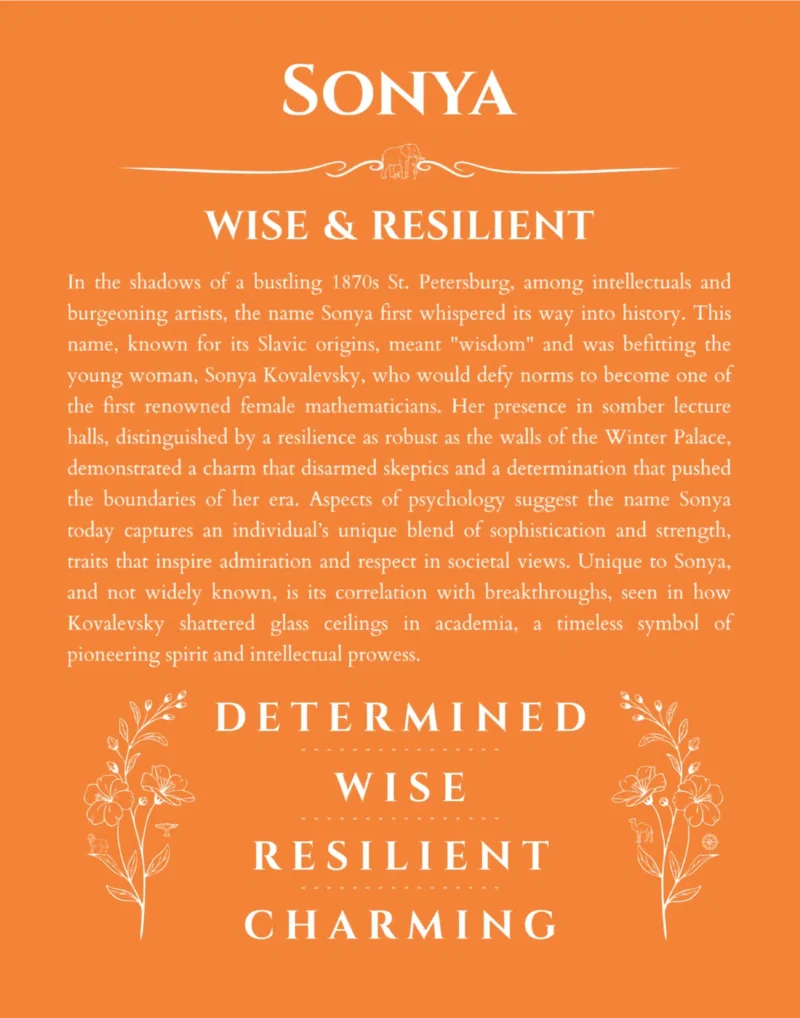 Sonya name origin print with meaning and traits in orange