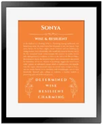 Sonya name origin print with meaning and traits in orange with black matte frame