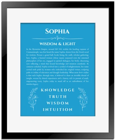 Sophia custom name meaning print in blue with black matte frame