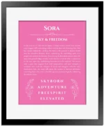 Sora custom name meaning print in pink with black matte frame