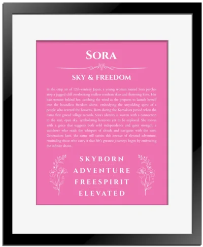 Sora custom name meaning print in pink with black matte frame