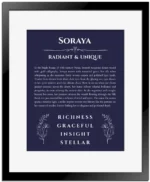 Soraya custom name art showing meaning and origin in navy blue with black matte frame