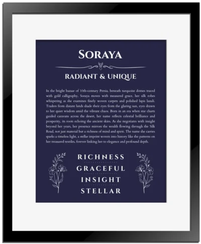 Soraya custom name art showing meaning and origin in navy blue with black matte frame