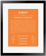 Soren personalized wall art with the story of your name in orange with black matte frame