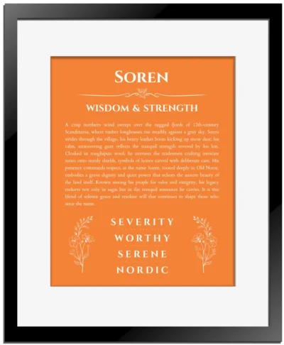 Soren personalized wall art with the story of your name in orange with black matte frame