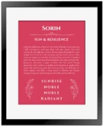 Sorin personalized name print with origin and traits in red with black matte frame