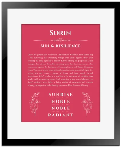 Sorin personalized name print with origin and traits in red with black matte frame