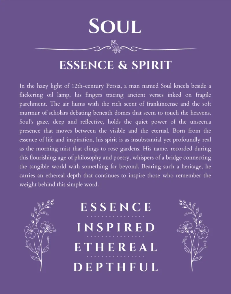 Soul personalized name print with origin and traits in purple