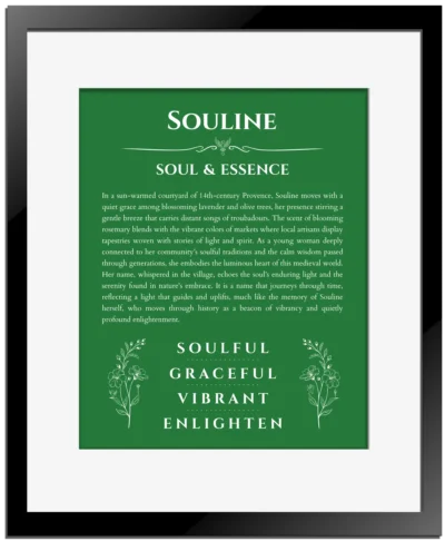Souline personalized name meaning print in dark green with black matte frame