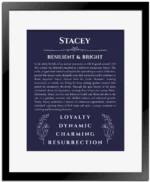 Stacey personalized name meaning print in navy blue with black matte frame