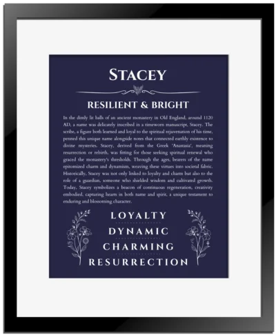 Stacey personalized name meaning print in navy blue with black matte frame